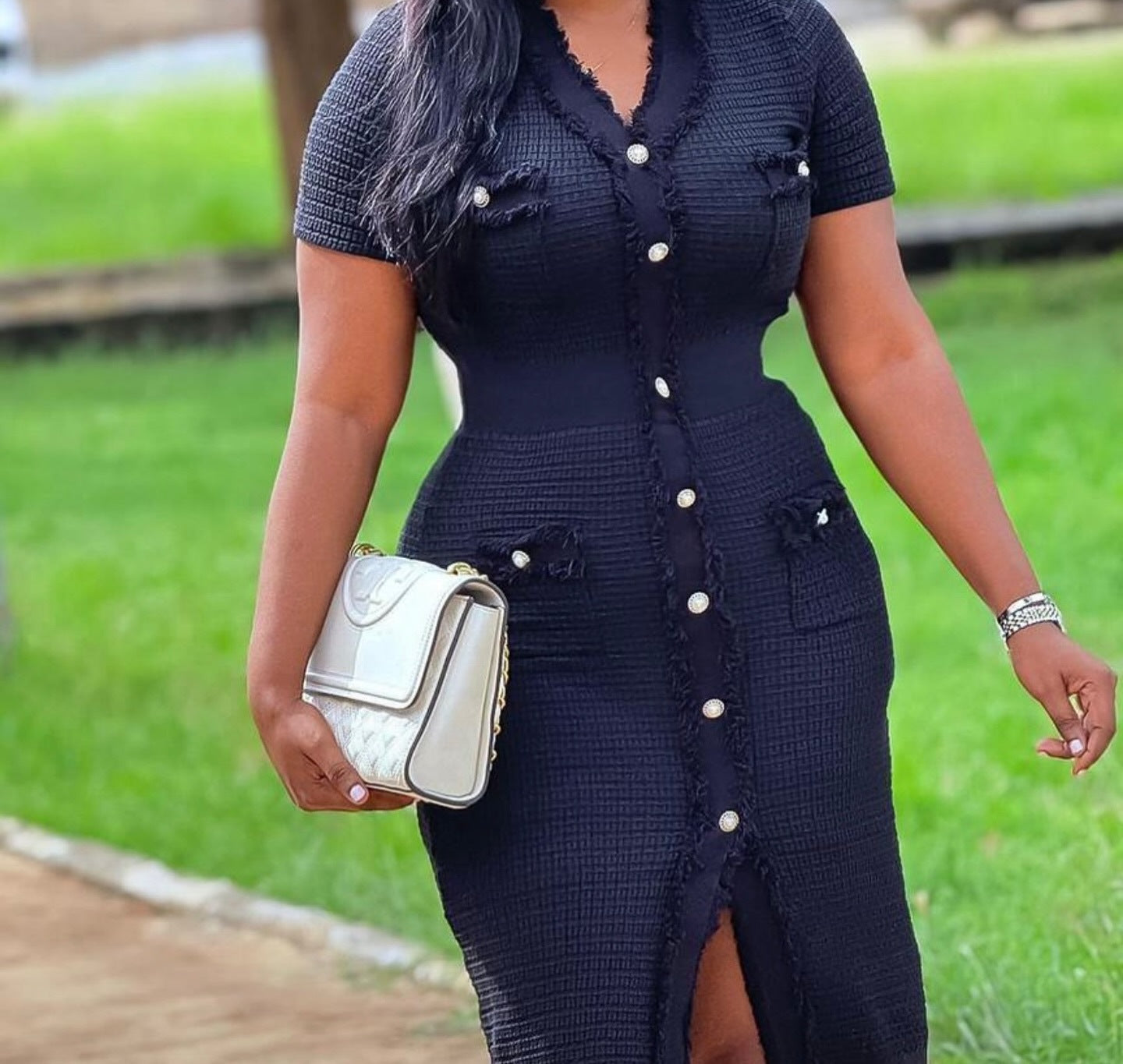 Summer Women's Buttoned Short-Sleeved V-Neck Slim Waist Slim Knitting Dress 4