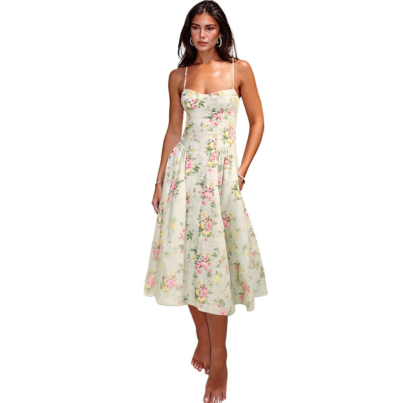 Summer women's clothing Chic sexy Low Back Slim Waist printed dress female 18