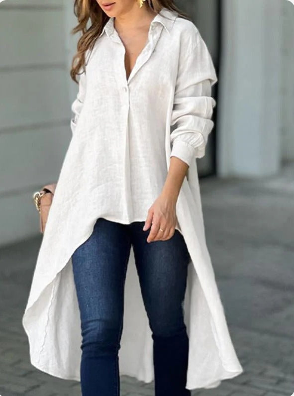 Women Fall Long-sleeved Solid Turndown Collar Shirt