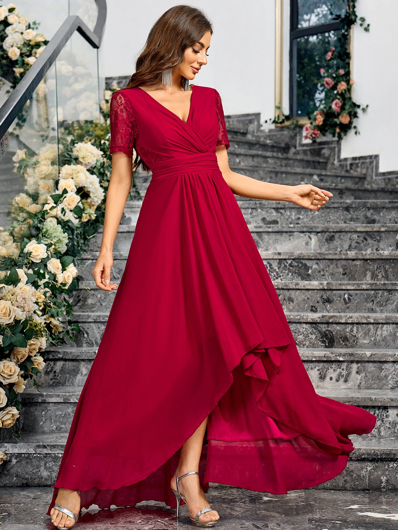 V-Neck Solid Color Summer Elegant Slim Long Formal Party Dress 4