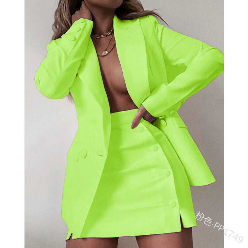 Solid Color Suit Blazer Coat Skirt Two Piece 13