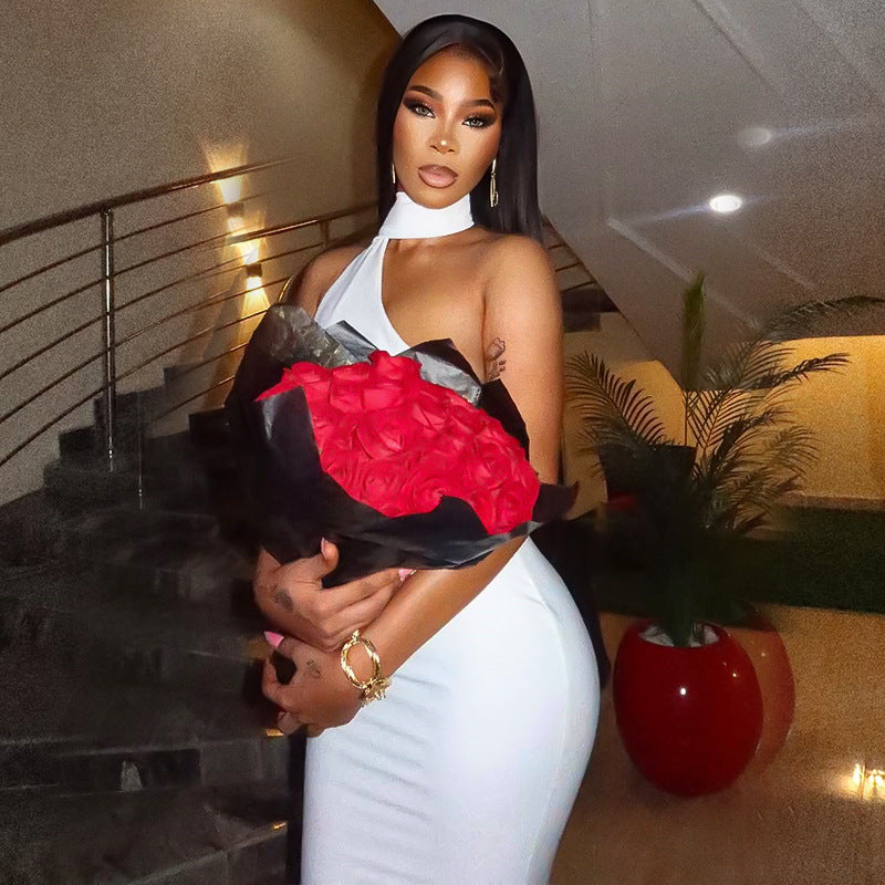 Women solid elegant pleated asymmetric stand collar sleeveless dress