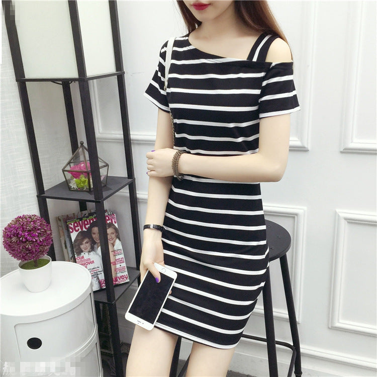 Women Slash Shoulder Striped Suspender Sexy Dress 6