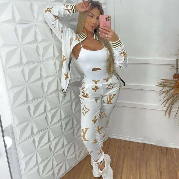 Women's Outdoor Casual High Ribbed Zipper Pocket Jacket Pants Two-Piece Set 6