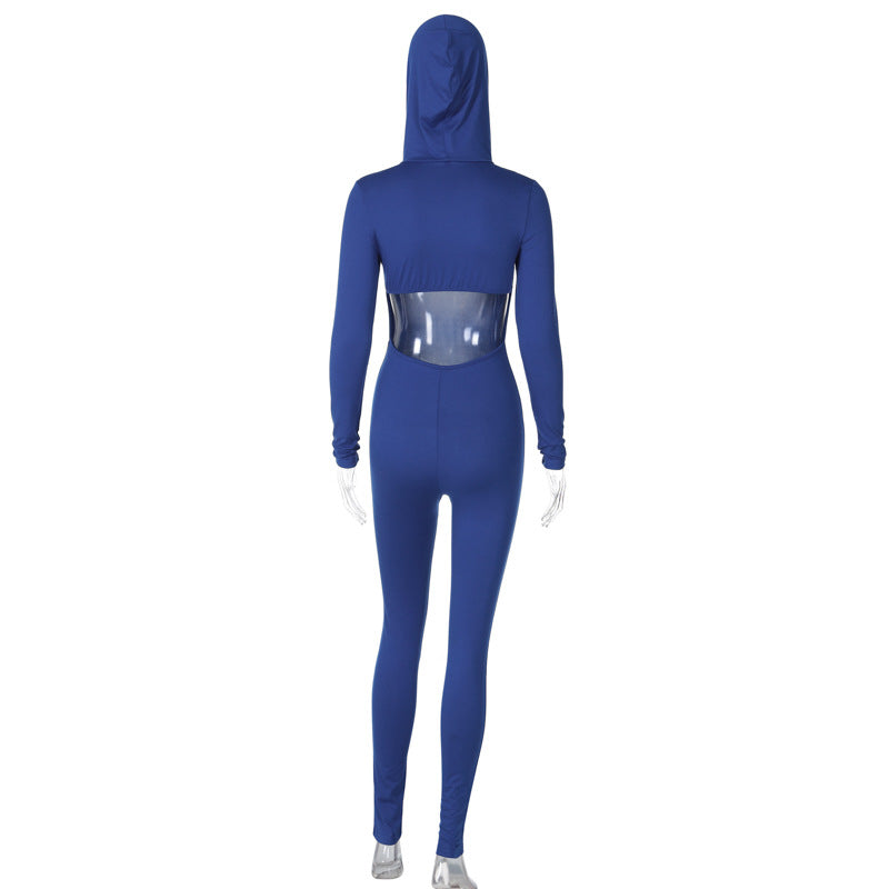 Women Winter Solid Long Sleeve Hooded Backless Sports Jumpsuit 19