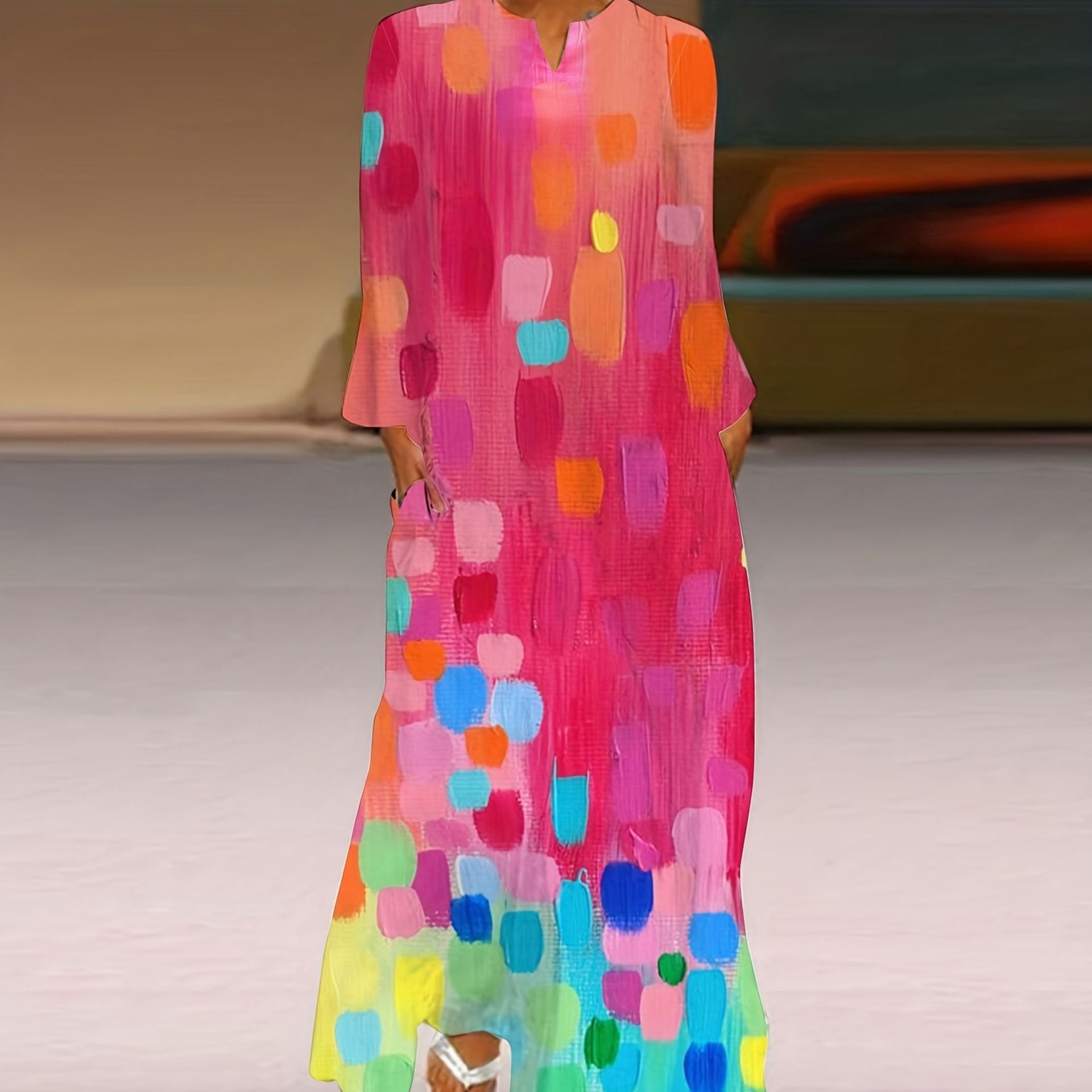 Women's Spring And Autumn Printed Fashion Chic V-Neck Loose Long-Sleeved Dress 7