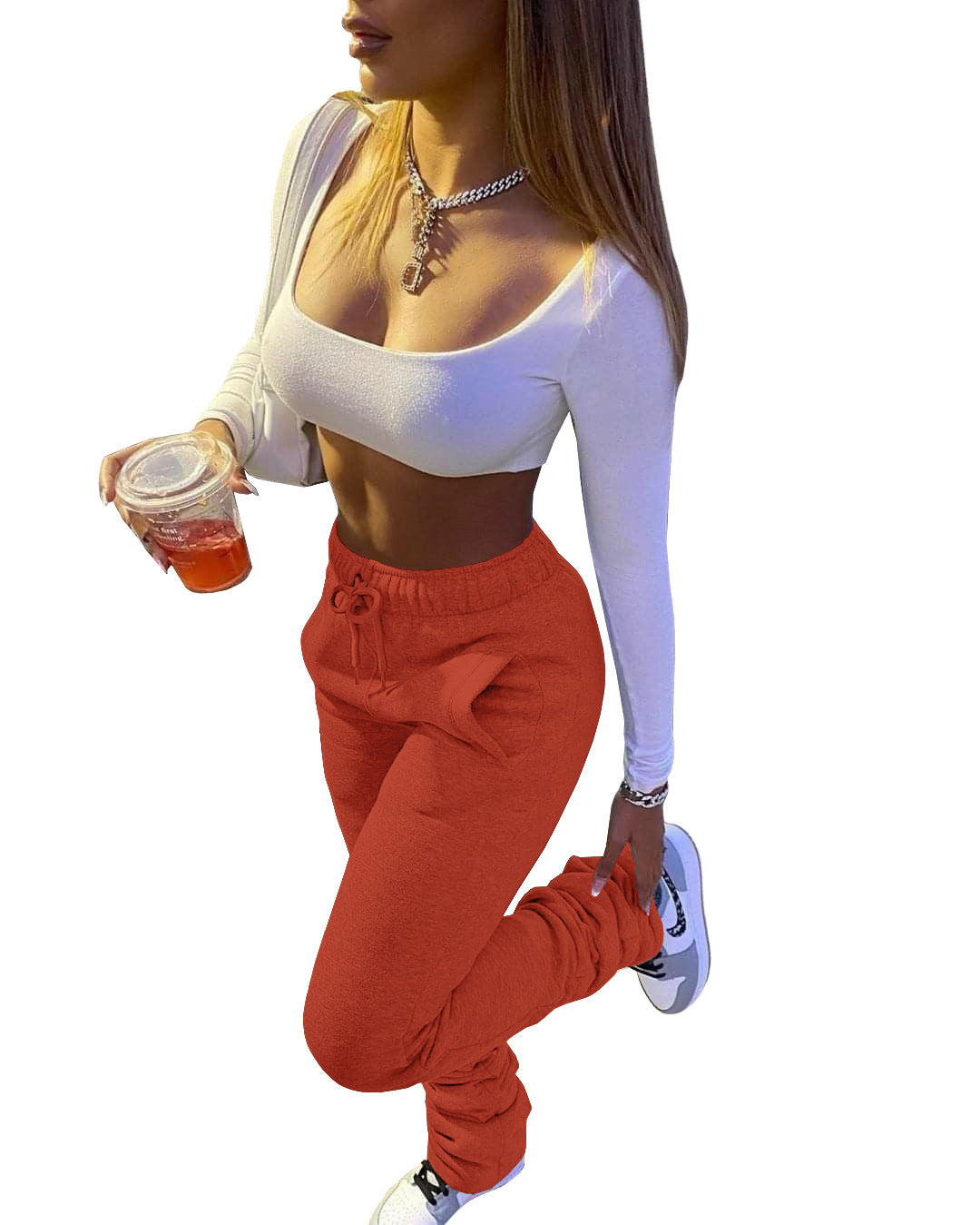 Women Fleece Sports Casual Drawstring Pockets Stacked Pant 21