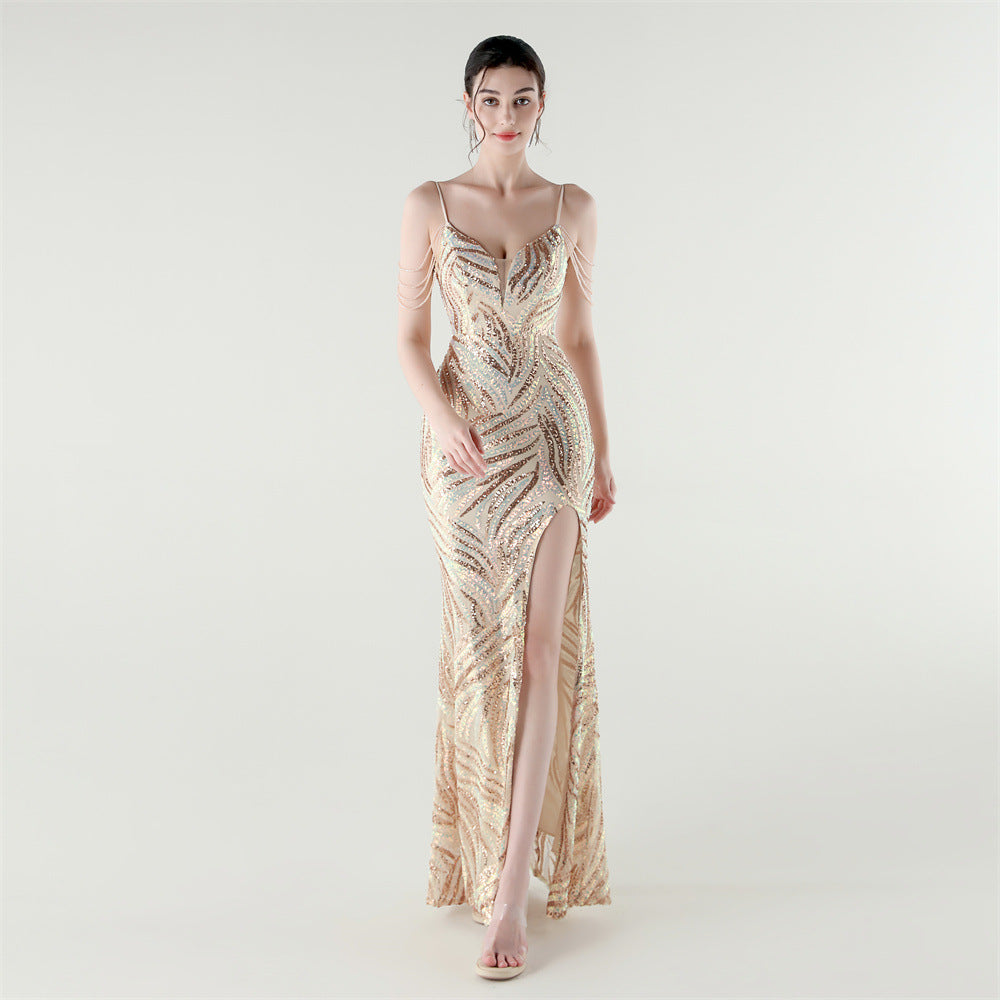 Elegant Deep V Strap Sequin Evening Dress 4