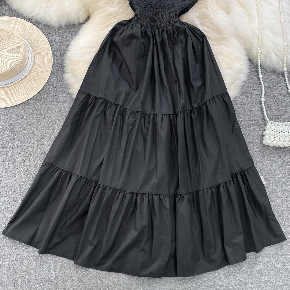 Retro Chic Sleeveless Slash Shoulder Slim Waist Slim Fit Beach Holidays A-Line Long Dress 67