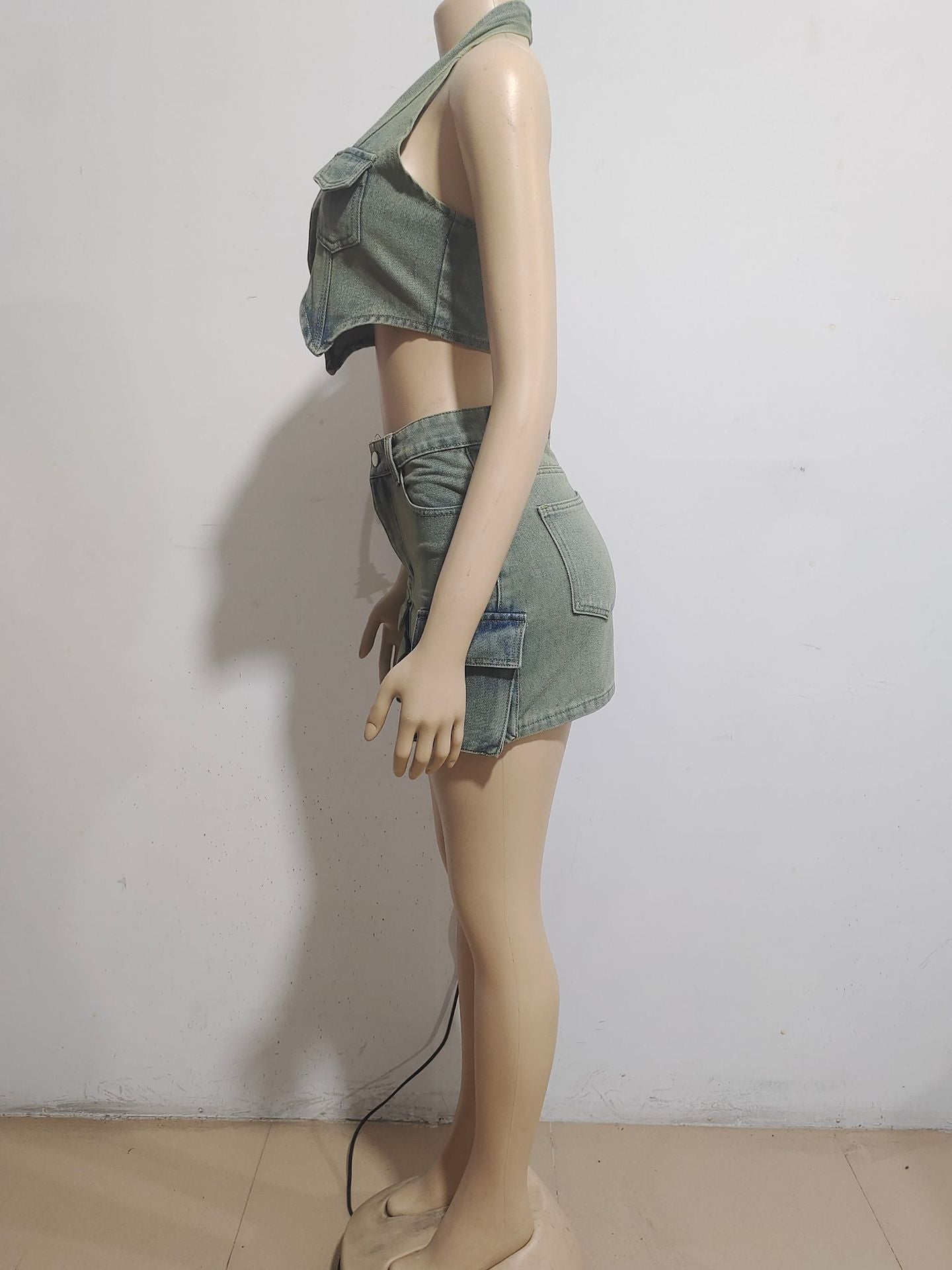 Women suspenders Top and pocket Denim Skirt two-piece set 8