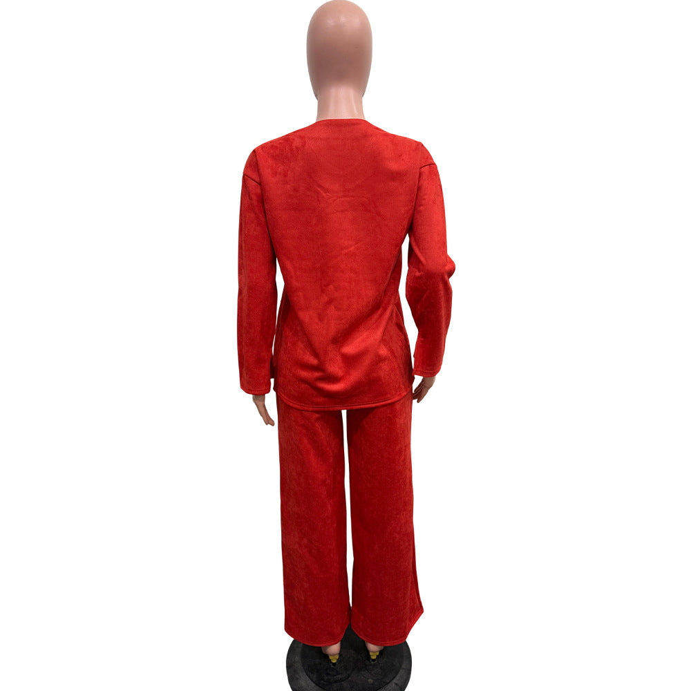 Women Solid Long-Sleeved Slit Two-Piece Set 24