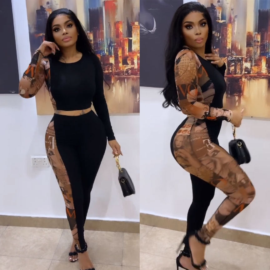 Sexy Printed Patchwork Contrast Slim Fit Long Sleeve Two-Piece pants Set