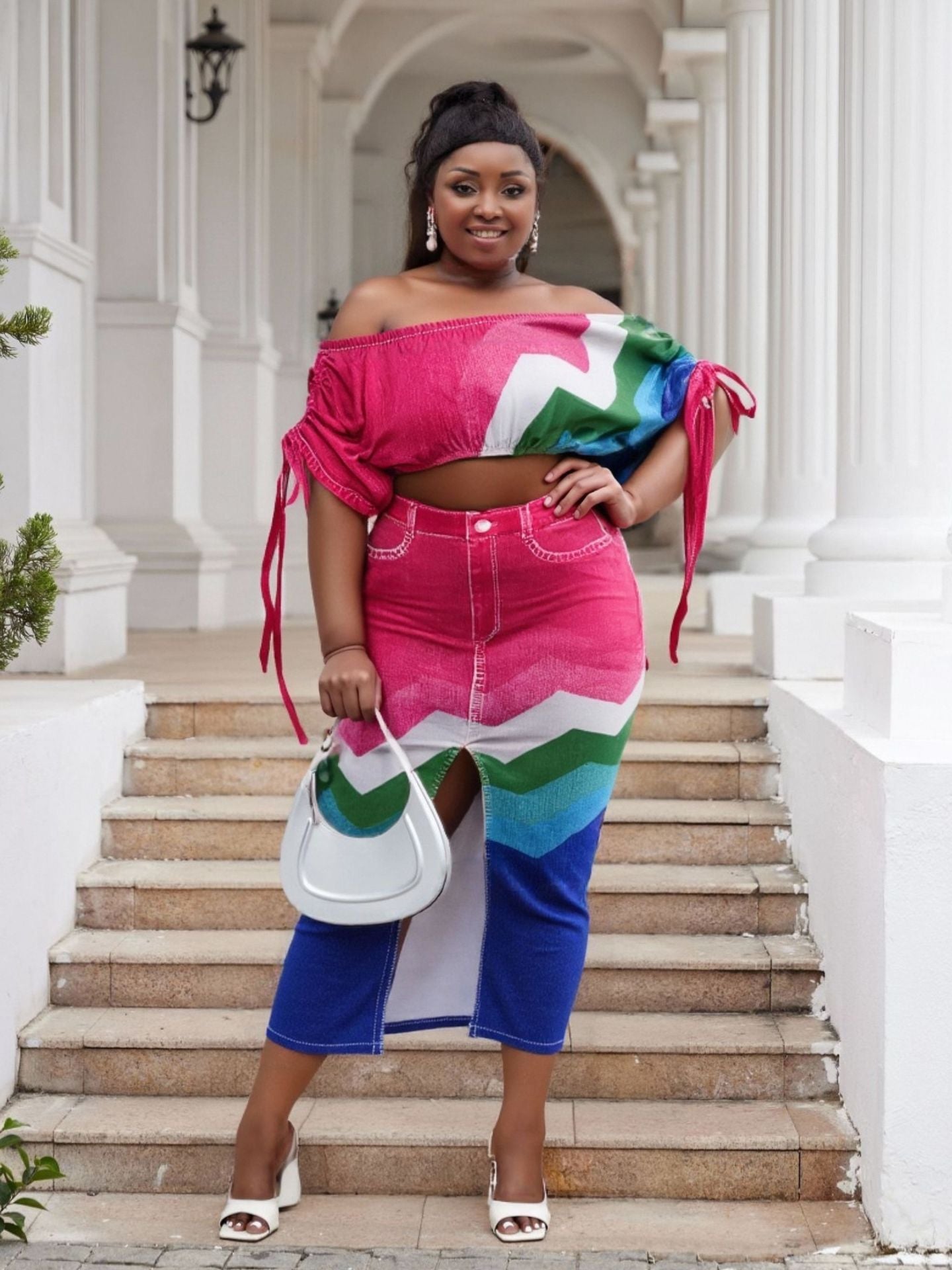 Plus Size Off Shoulder Printed Bat Sleeves Top Split Long Skirt Two Piece Set