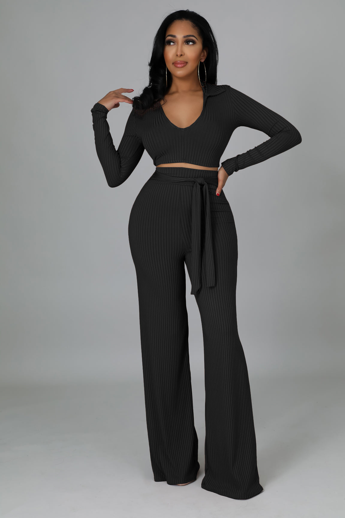 Women Solid V neck Top and Bell Bottom Pant two-piece set 3