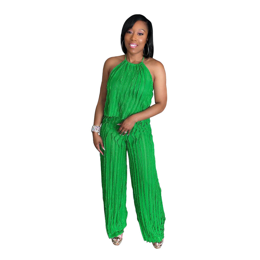 Summer Sexy Halter Neck Low Back Sleeveless Ruffle Women Two Piece Pants Set 8