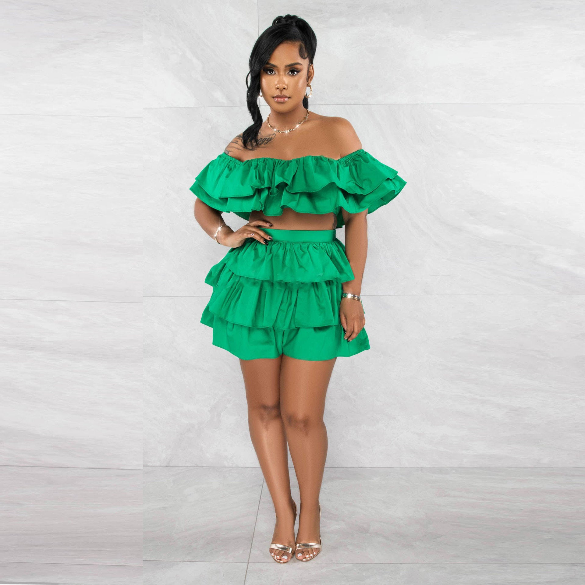 Women Sexy Ruffle Top and Shorts Two-Piece Set 6