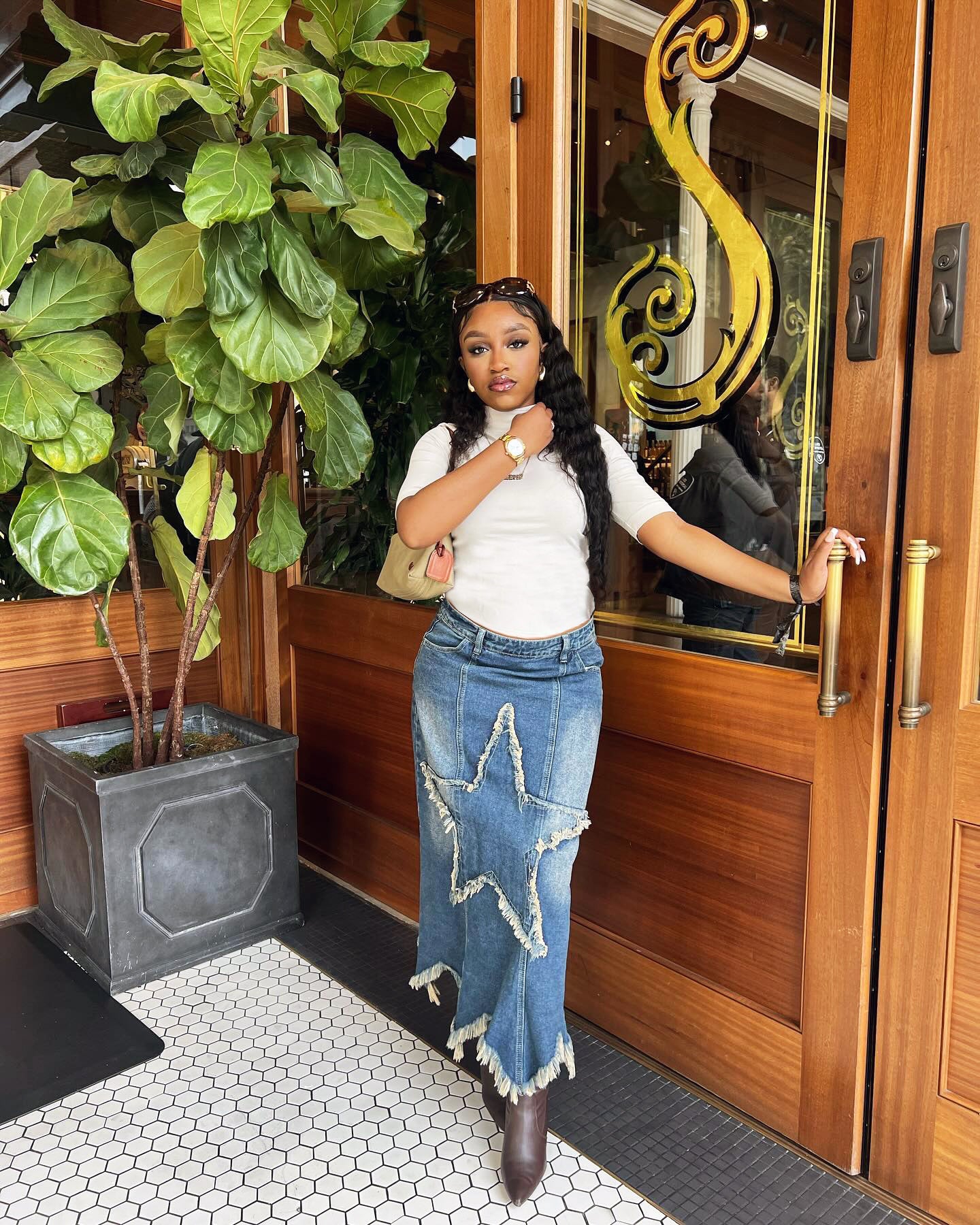 Women Half Star Patch Washed Denim Skirt 5