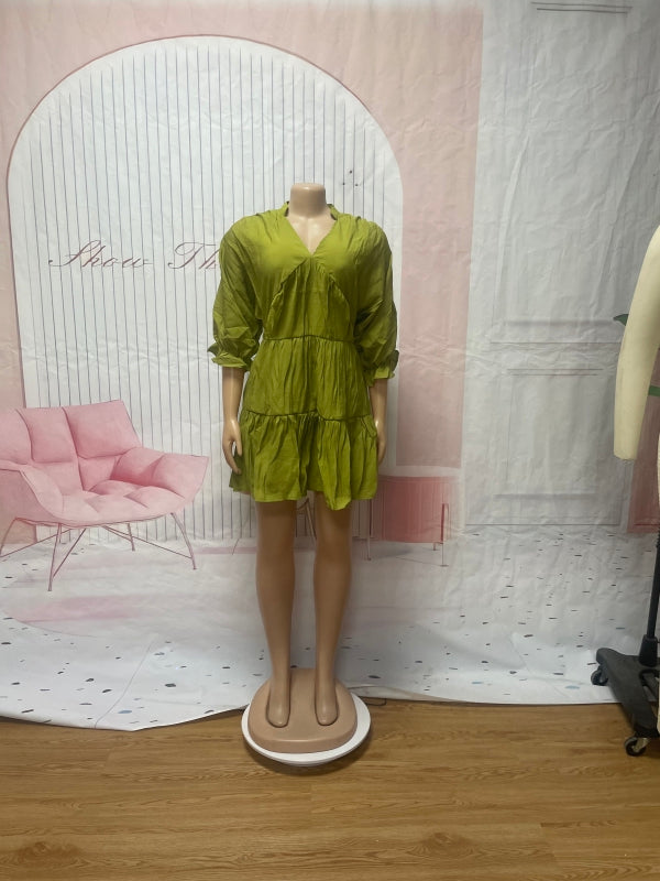 Women Solid Casual V Neck Three-quarter Sleeve Pleated Dress 10