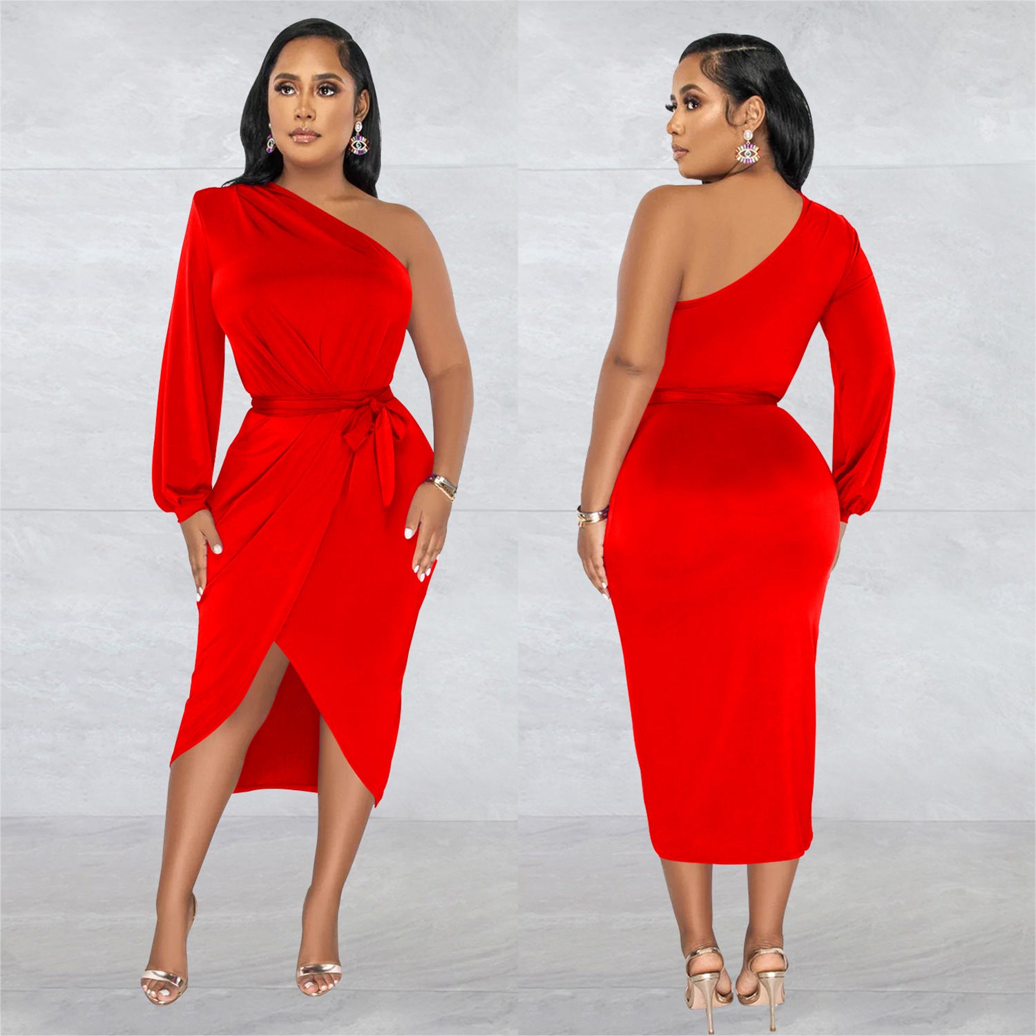 Women's Fashion Solid Color Single Long Sleeve Slash Shoulder Maxi Dress 9