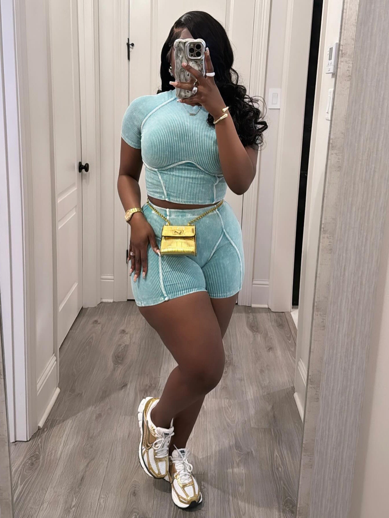 Women Fashion Ribbed Washed faded two-piece shorts set 19