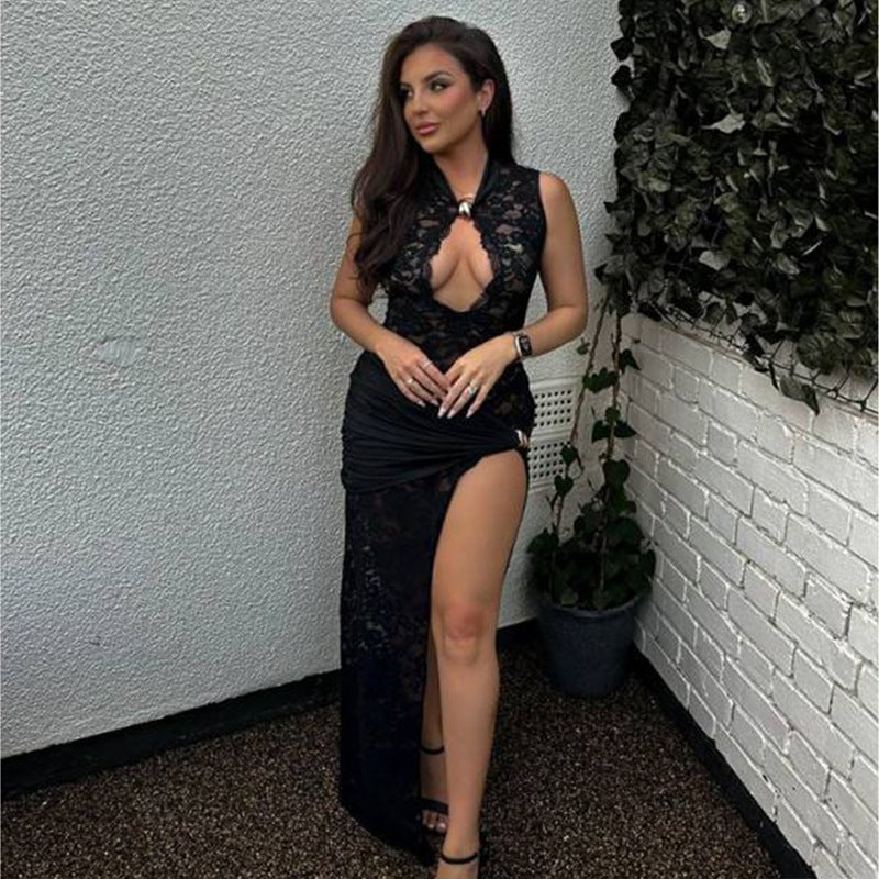 Women’s Sexy Summer Hollow Lace High-Slit Maxi Dress 4