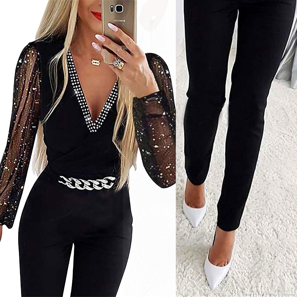 Autumn Women's Solid Color V-Neck Long Sleeve Beaded High Waist Casual Jumpsuit 3