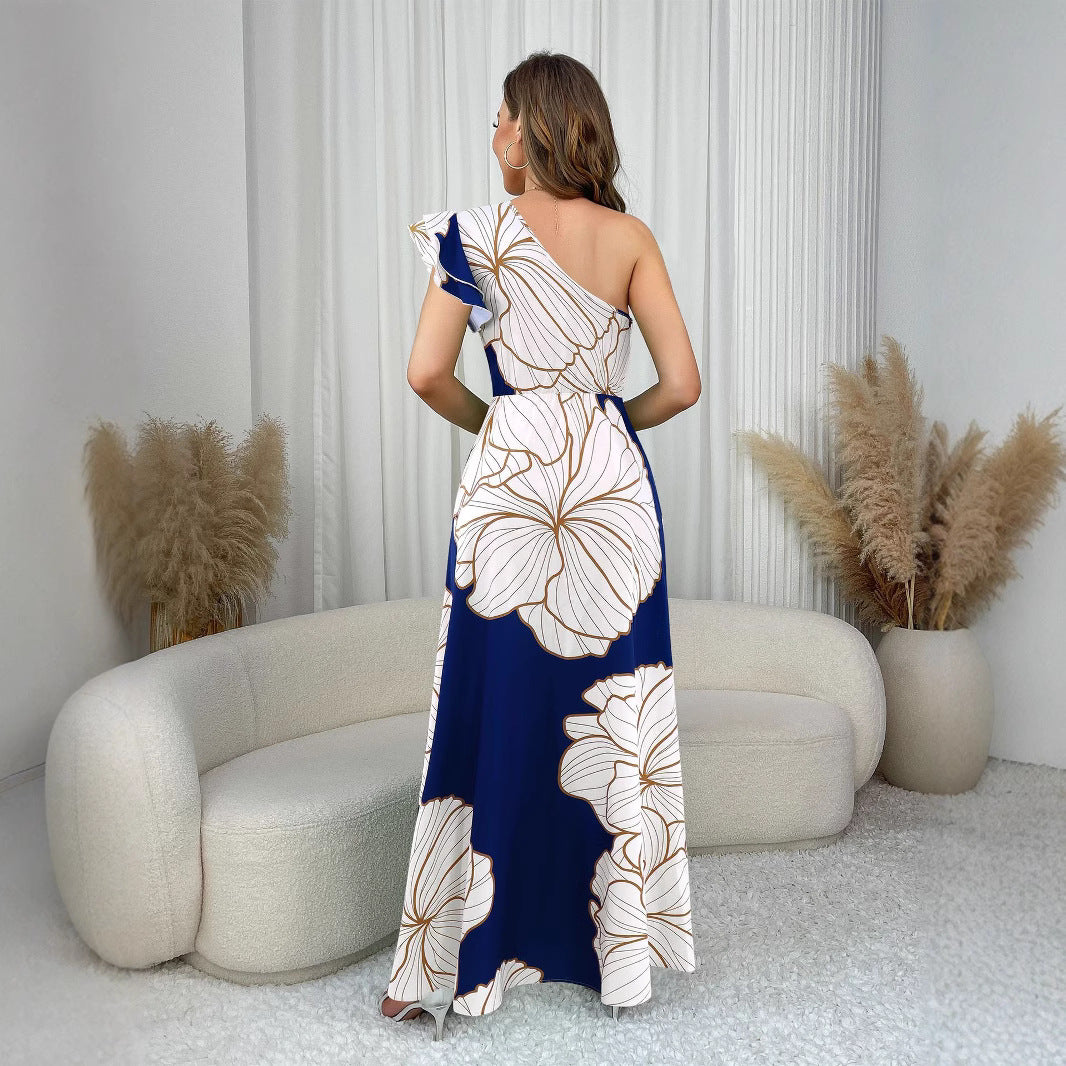Chic Print Slash Shoulder High Slit Long Dress