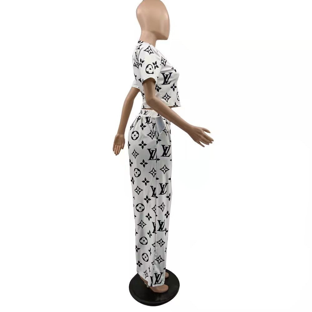 Women's Summer Sexy Short Sleeve Wide Leg Two-Piece Pants Set 13