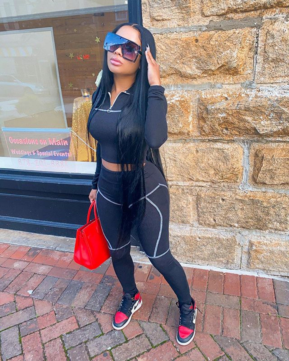 Women Casual Line Sport Long Sleeve Top and Pant Two-Piece Set 4