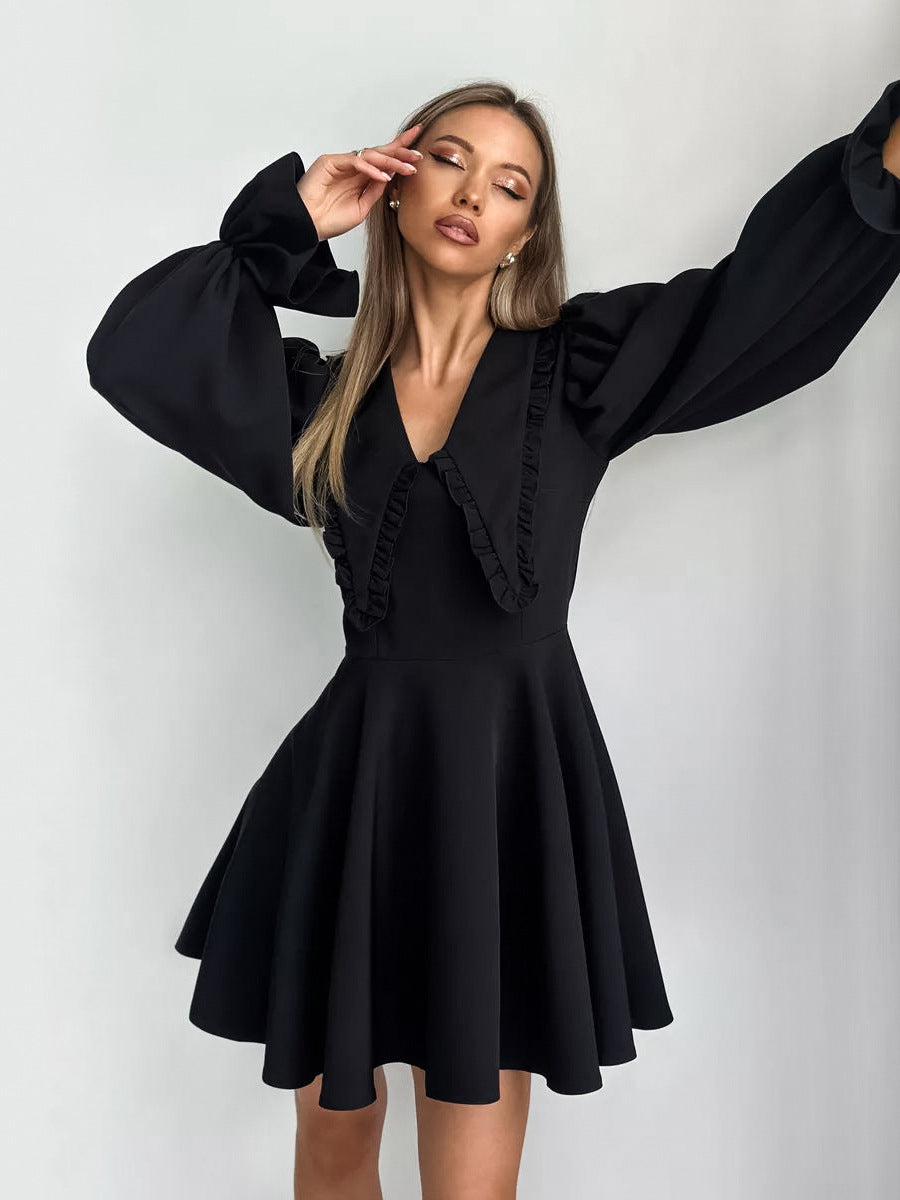 Autumn And Winter Black Sexy Turndown Collar Bell Bottom Long Sleeve Slim Short Dress 5