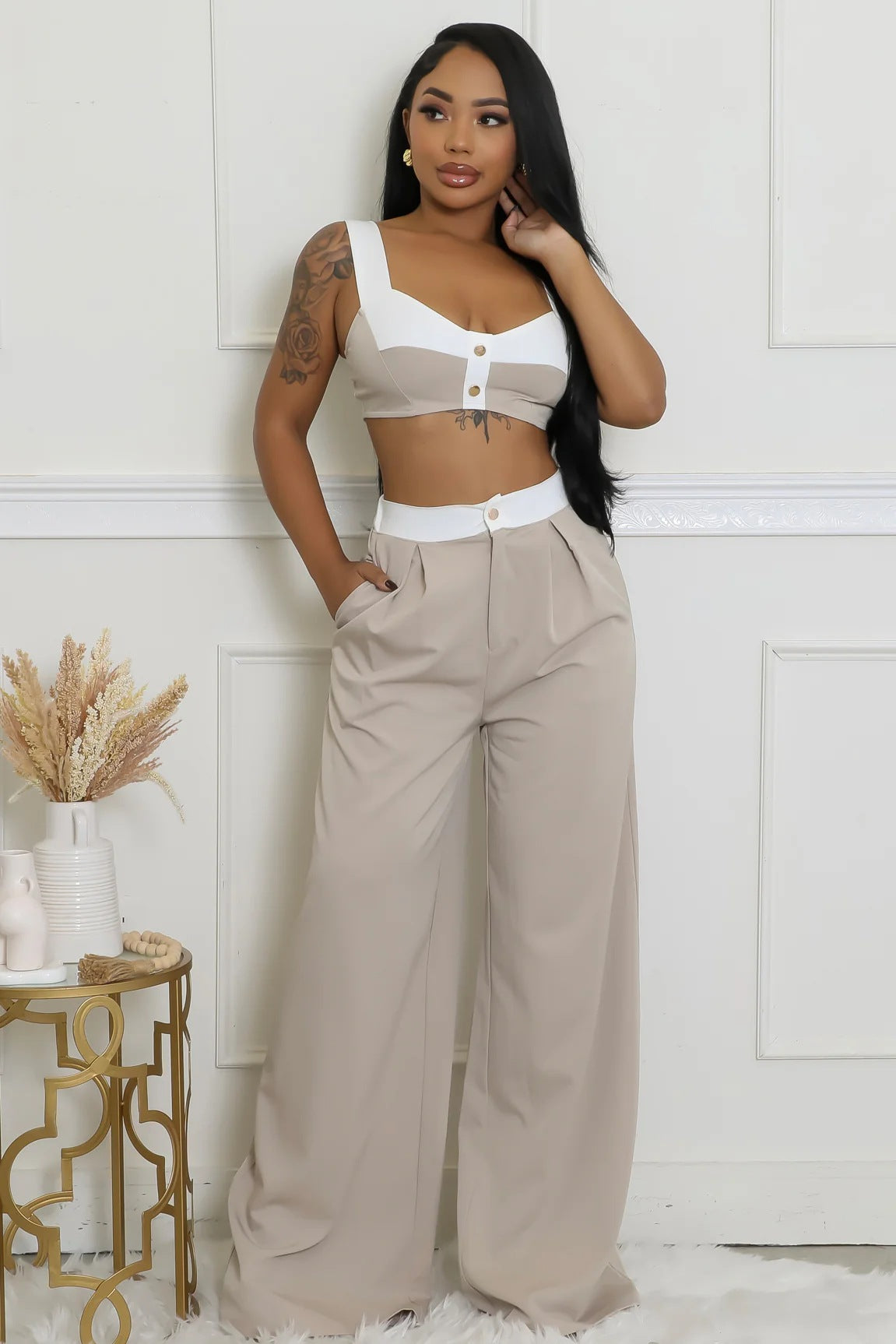 Women's Sleeveless Color-Block High-Waisted Wide-Leg Pants Set 16