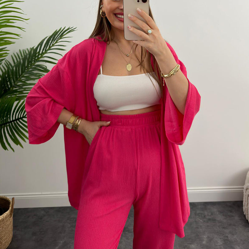 Women Solid long-sleeved shirt and pleated elastic waist trousers two-piece set 13