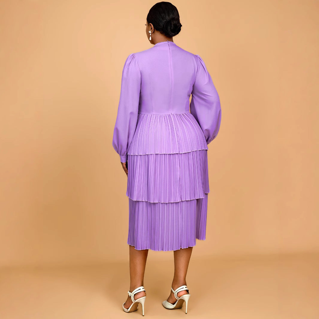 Women Spring and Summer Lantern Sleeve Pleated Cascading Ruffles Dress 5