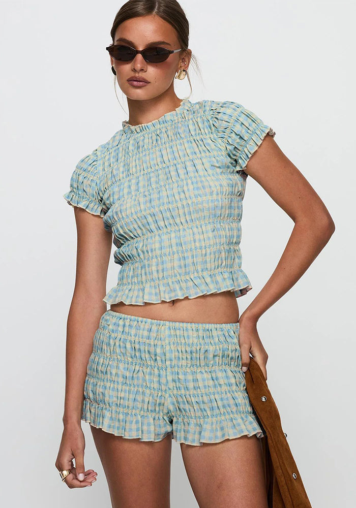 Spring Women's Fashion Plaid Short Sleeve Crop Top Mini Shorts Set