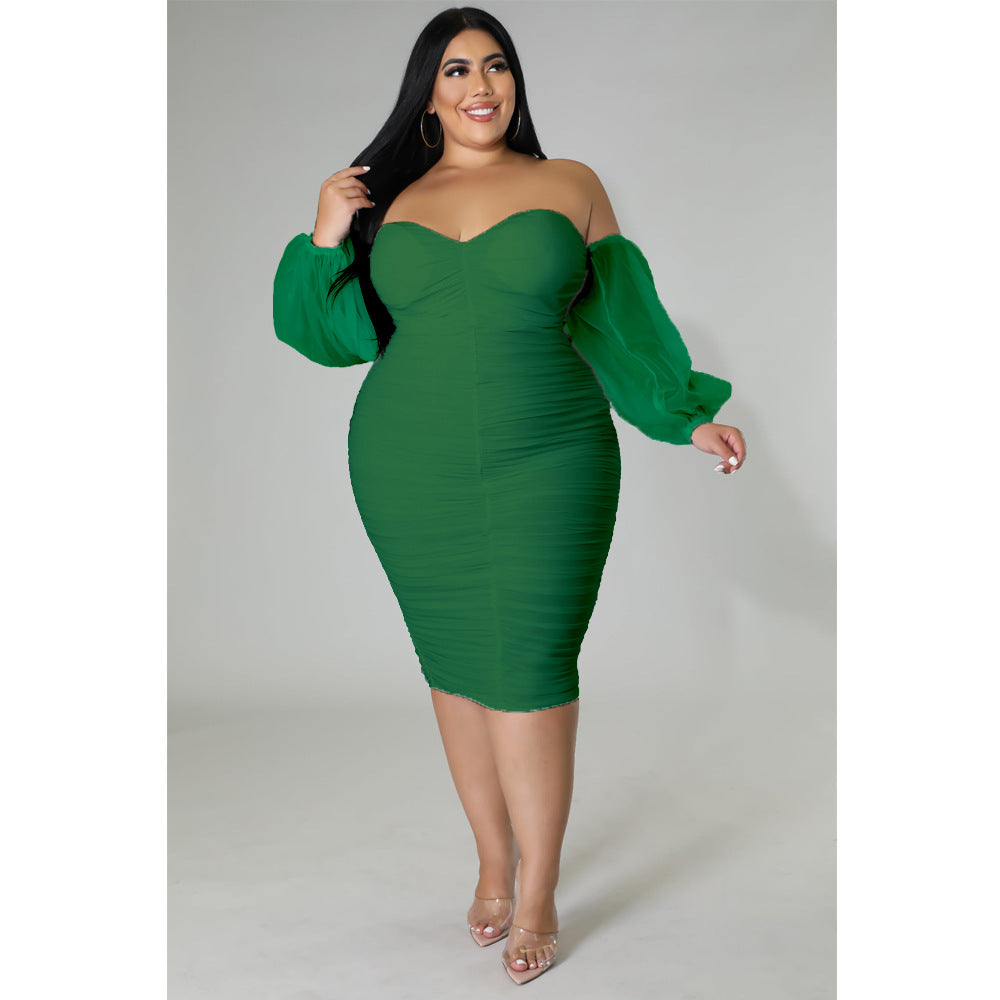 Plus Size Women Mesh Pleated Long Sleeve Dress 8