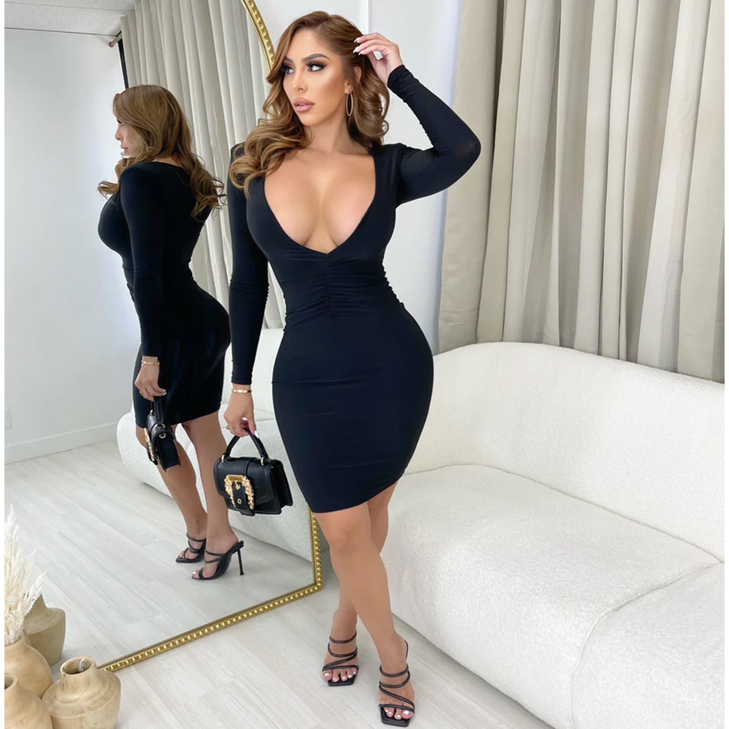 Women Sexy V Neck Long Sleeve Solid Dress 4