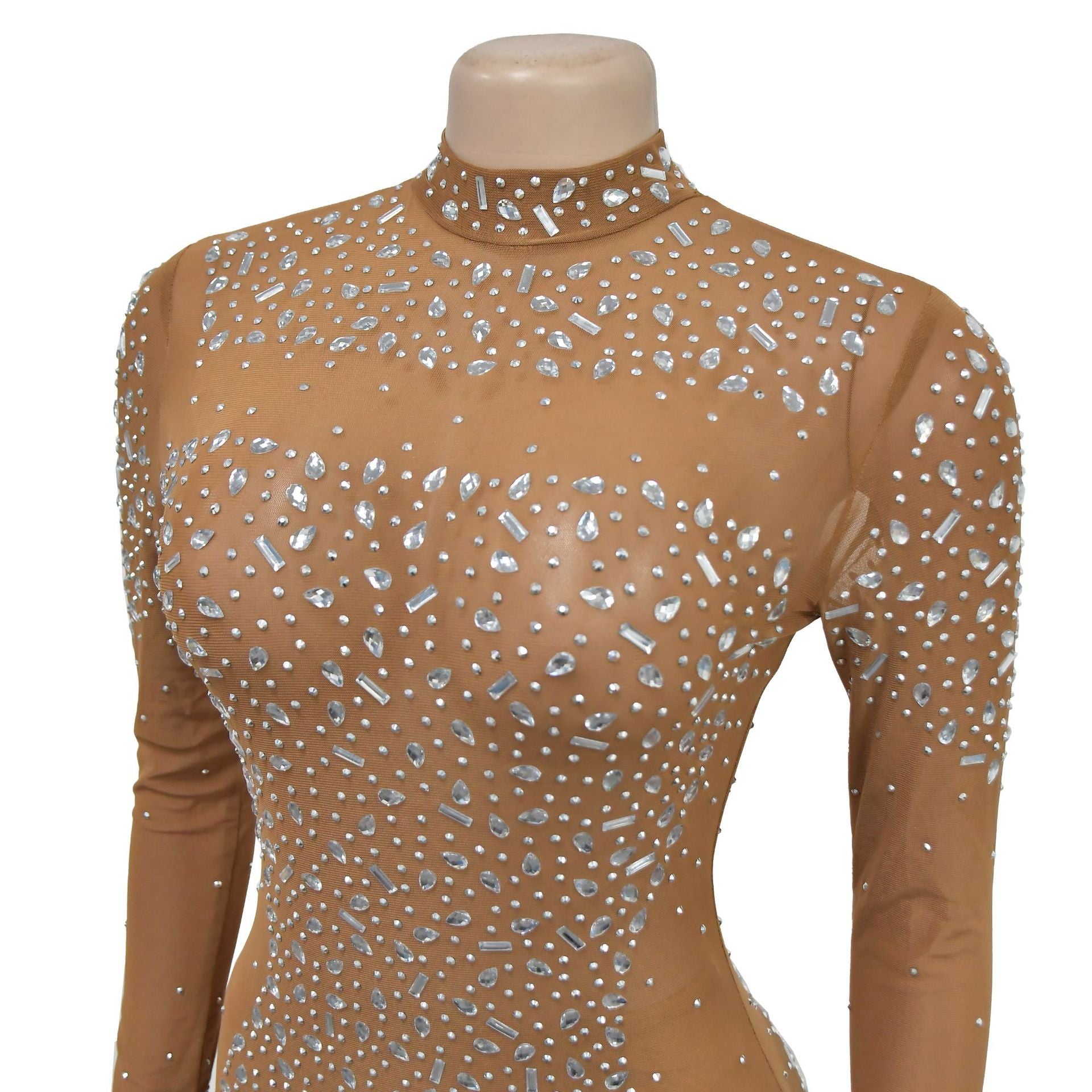 Women Solid mesh Beaded long sleeve dress 14