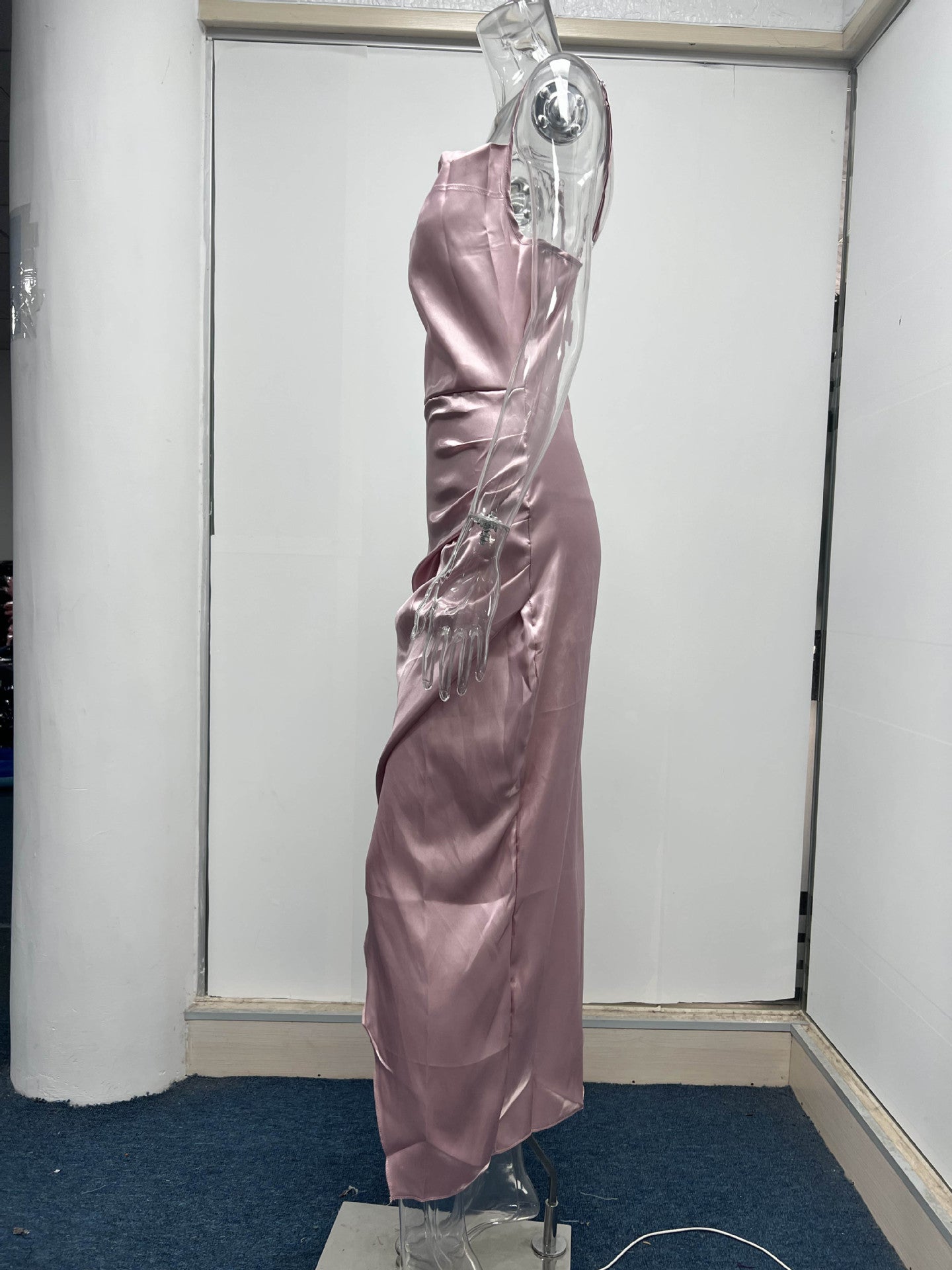Sexy Low Cut Satin Slit Strap Dress Slim Fit Low Back Maxi Dress 37