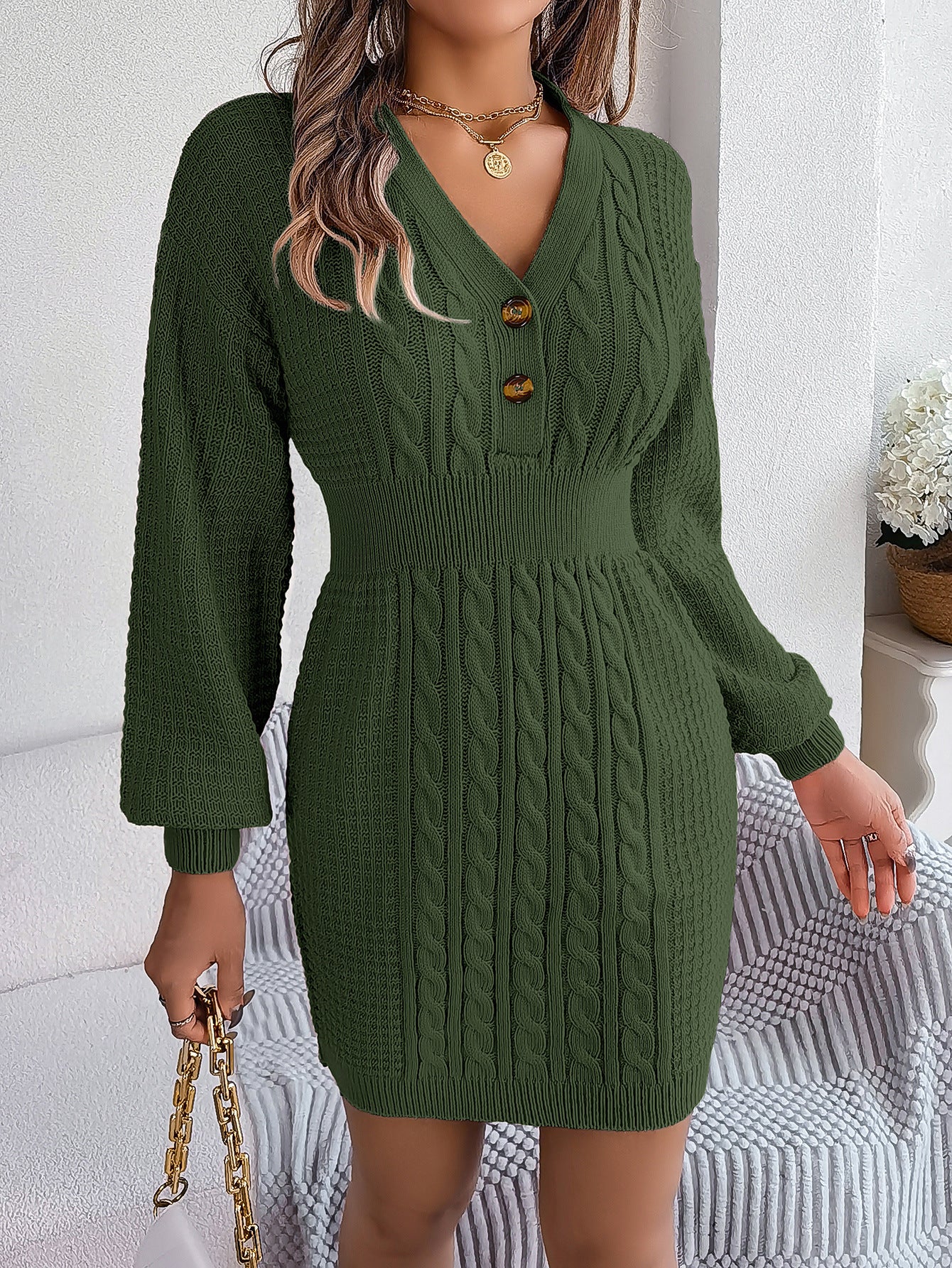 Autumn And Winter Buttoned V-Neck Lantern Sleeves Bodycon Sweater Dress Women's Clothing 10