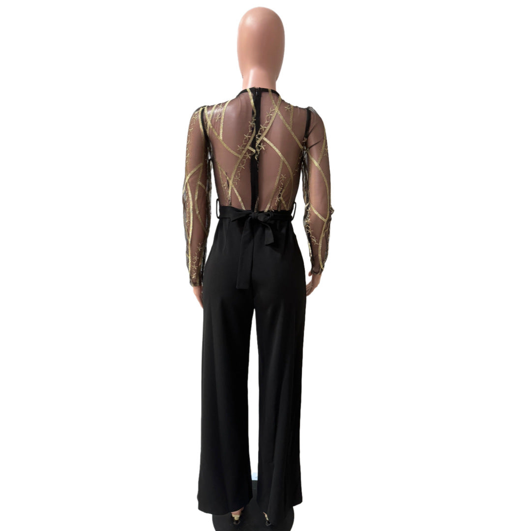 Women's Mesh See-Through Embroidery Patchwork Sexy Jumpsuit (Includes Belt) 17