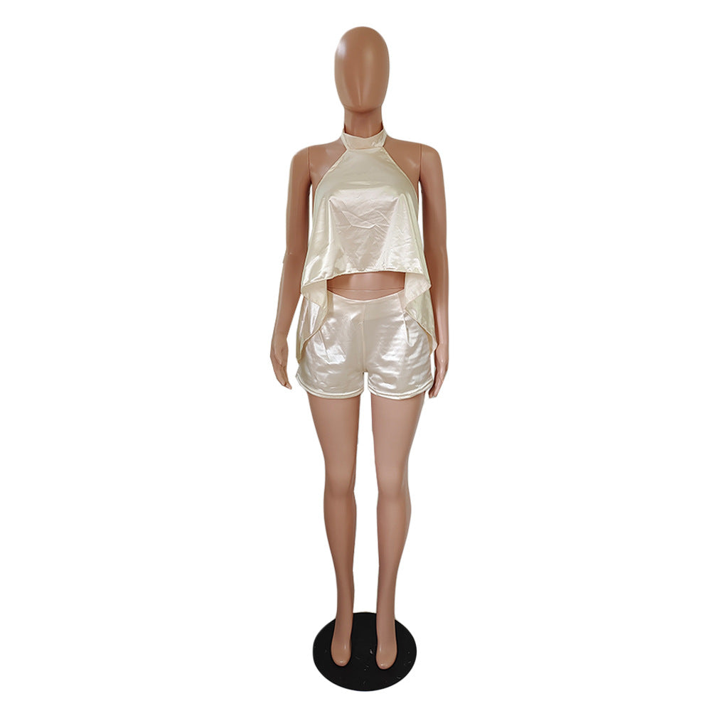 Women's Sexy Halter Neck Silky Low Back Two Piece Set 11