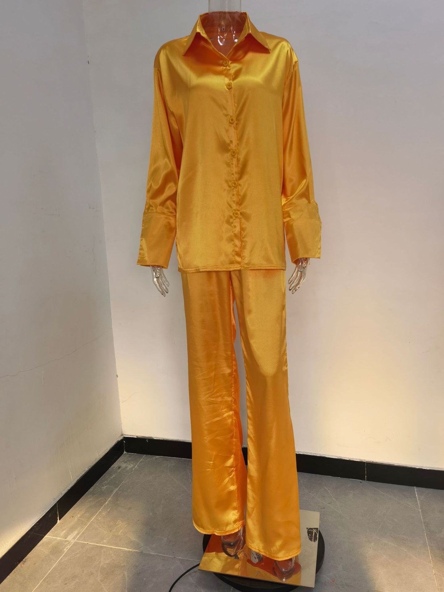 Solid Color Satin Long Sleeve Casual Two Piece Pants Set Trendy Lounge Wear 26