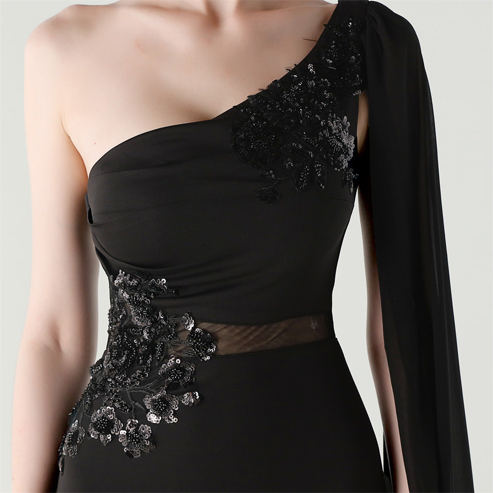 Women Tulle Shawl Beaded Tube Embroidery One Shoulder Evening Dress 35