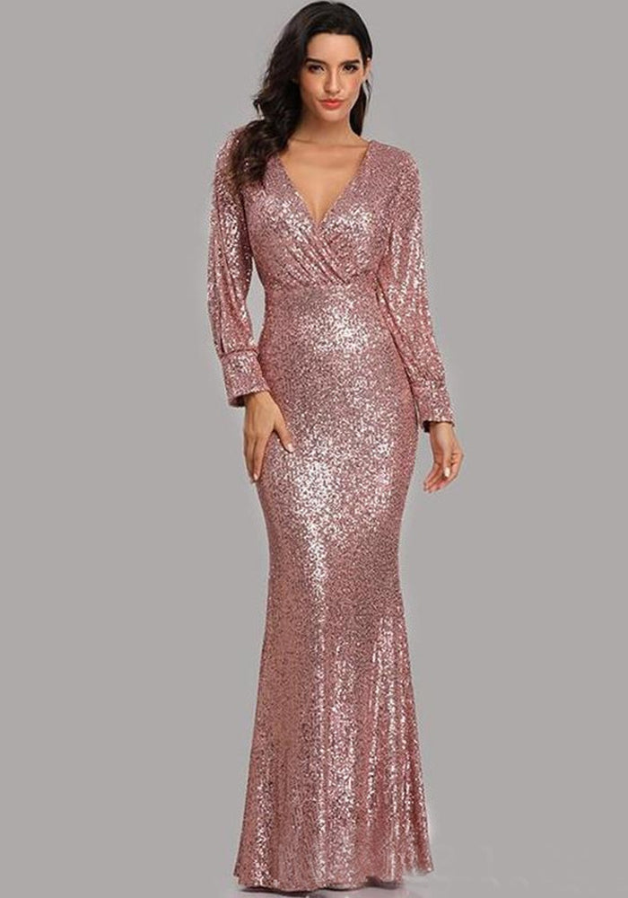 V-Neck See-Through Mesh Beaded Sexy Slim Fit Long Dress