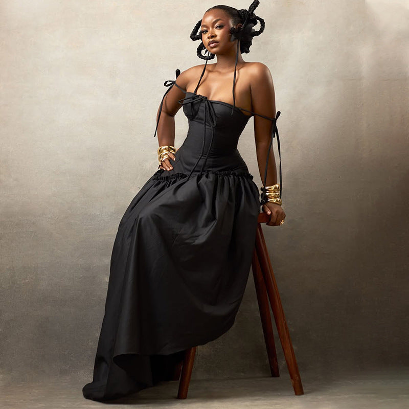 Solid Color slim women's pleated Low Back Halter Neck A-line long dress 6