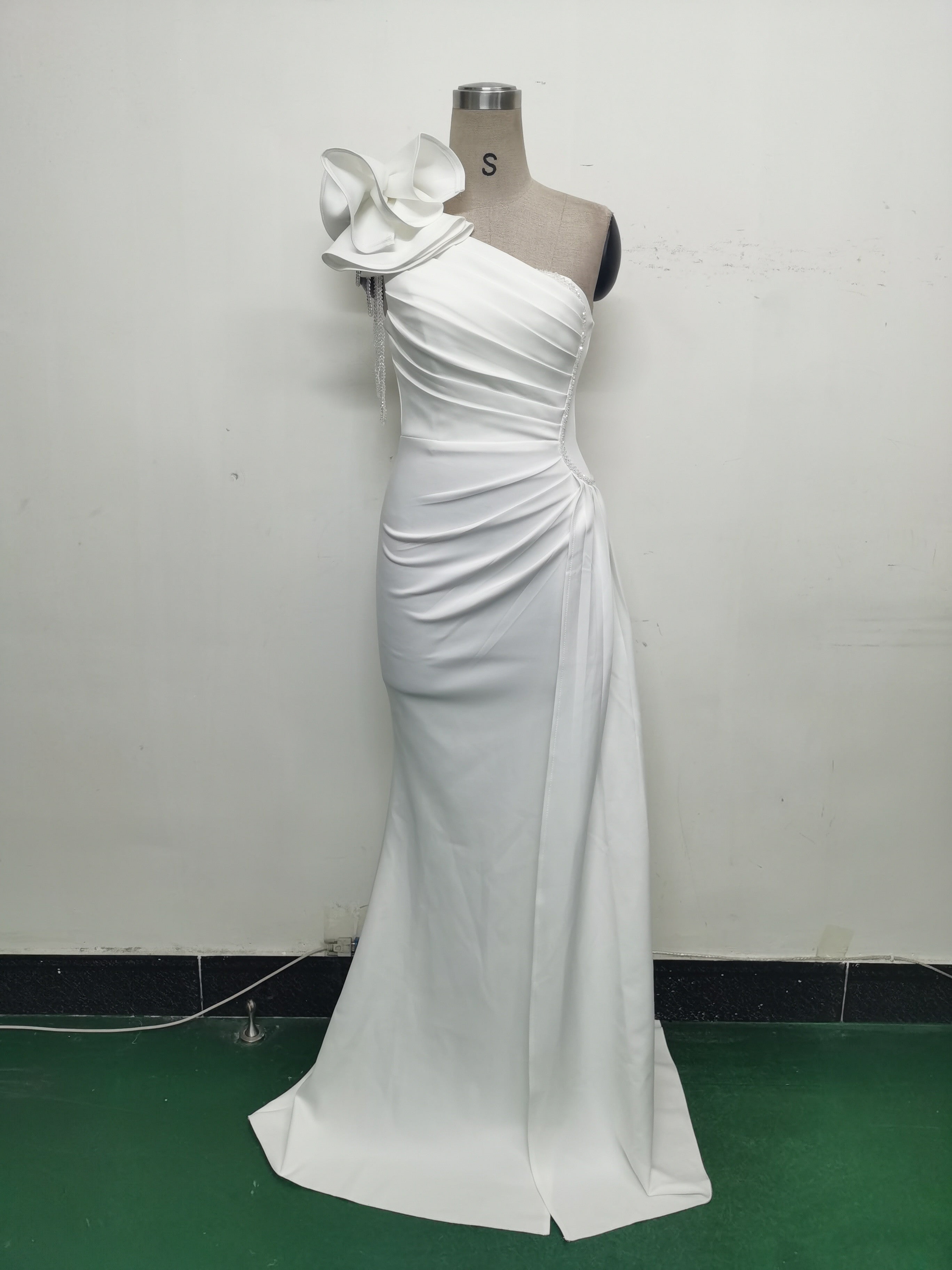 Women Beaded Flower Pleated Off-shoulder Split Evening Dress 30