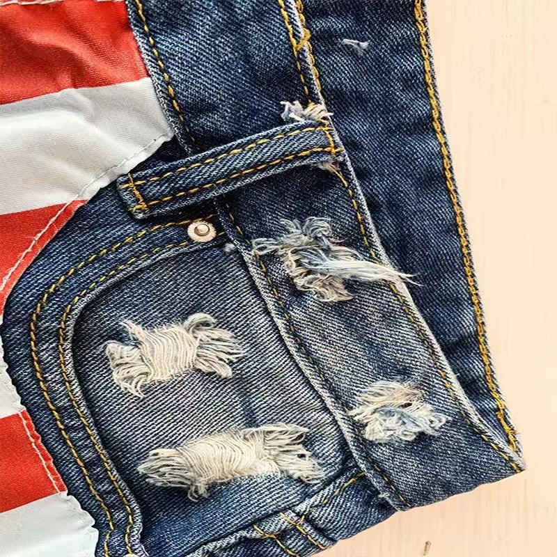 Women American Flag Ripped Tassel Denim Shorts 10