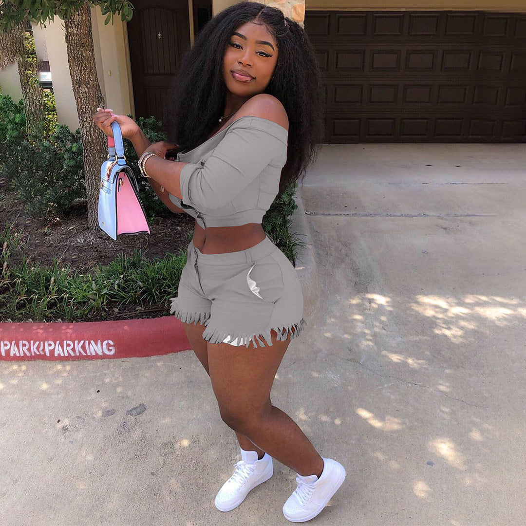 Women's Clothing High Stretch Off Shoulder Two-Piece Shorts Set 7