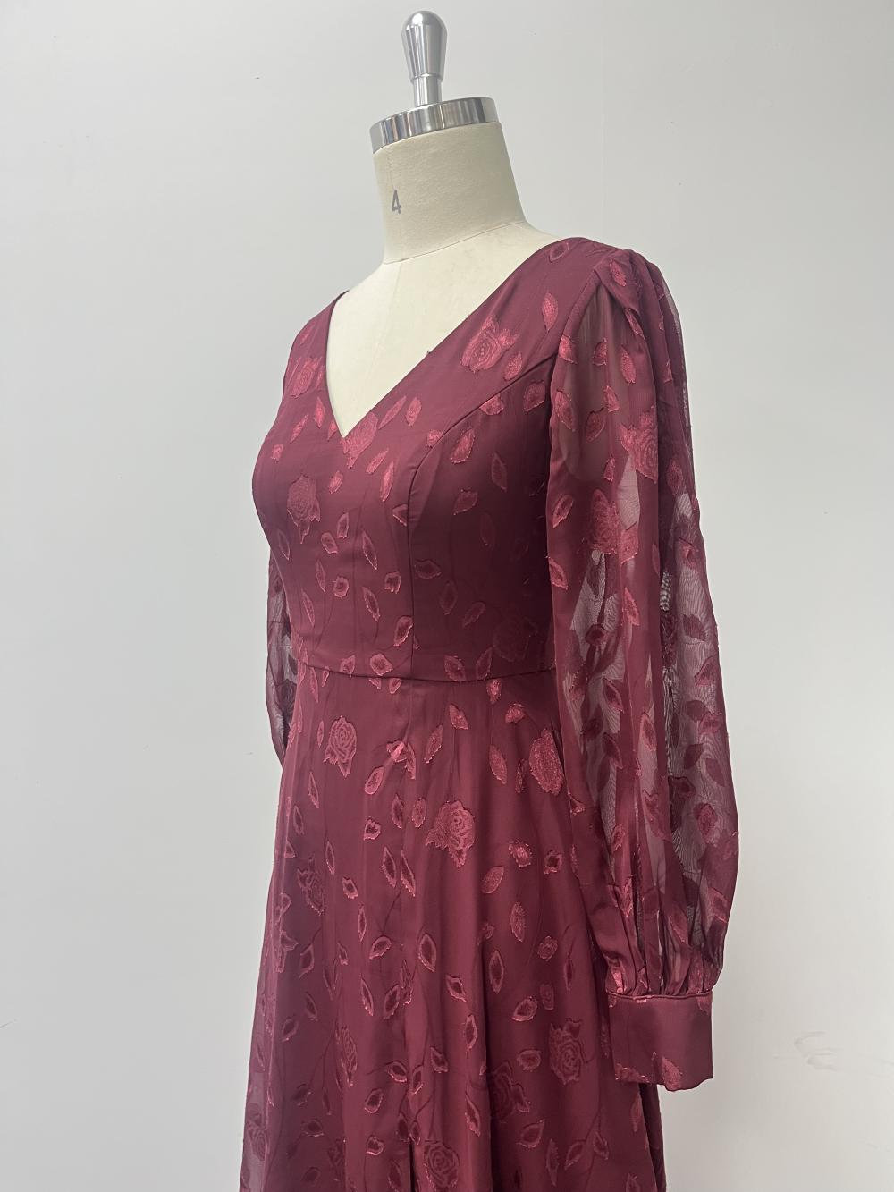 Autumn Long-Sleeve Double V-Neck High-Slit Lace Formal Dress with Full Lining 12