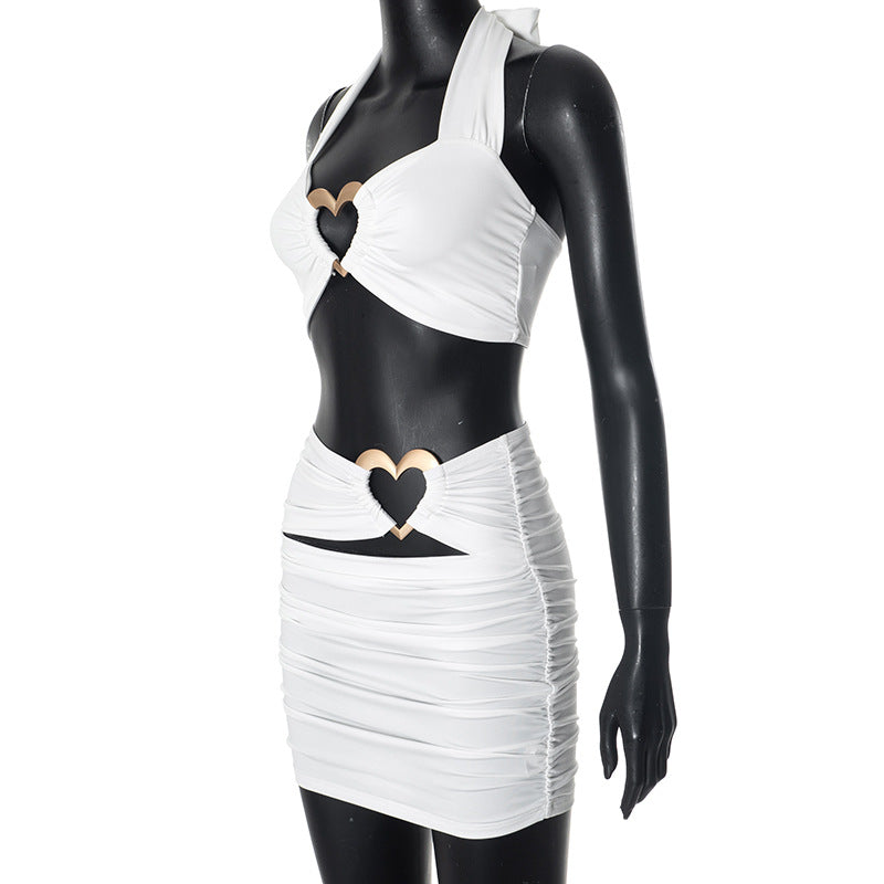 Women sexy Halter Neck Heart Print metal button hollow top and skirt two-piece set 12